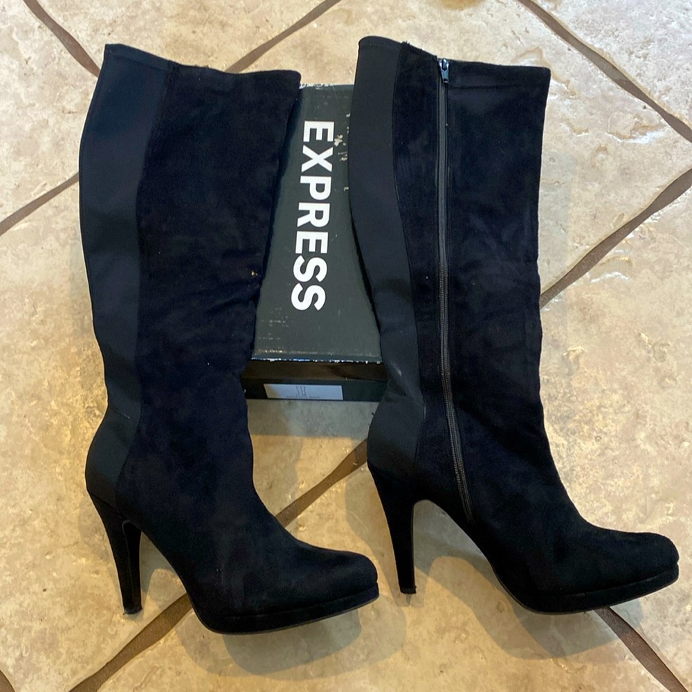 Like New Express Black Suede Heeled Boot - Size 9